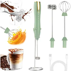 Frother Wand Rechargeable USB-C Milk Frother Handheld Mixer Electric with 2 Whisk Heads, 3 Speeds Adjustable Coffee Drink Mixer with Stand for Lattes, Matcha, Hot , Egg, Matcha(Green)