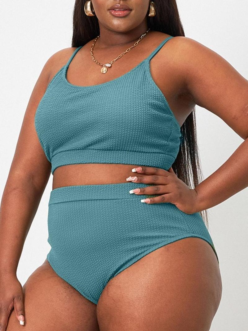 [Plus Size] Plain Ribbed Swimsuits, Casual Spaghetti Strap Cami Swim Top & High Waist Swim Bottom Bikini Sets for Summer, Swimsuit for Women, Women's Swimwear for Beach Holiday, Tankini Outfit, High Waisted Swimsuit, Swim Tankini Tops