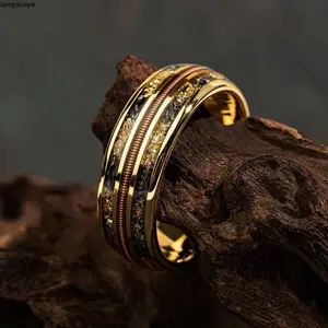 8mm Gold Plated Stainless Steel Guitar Wire & Gold Flake Inlay Ring, Two Tone Textured Luxury Statement Band for Men Daily Wear & Alternative Wedding Use