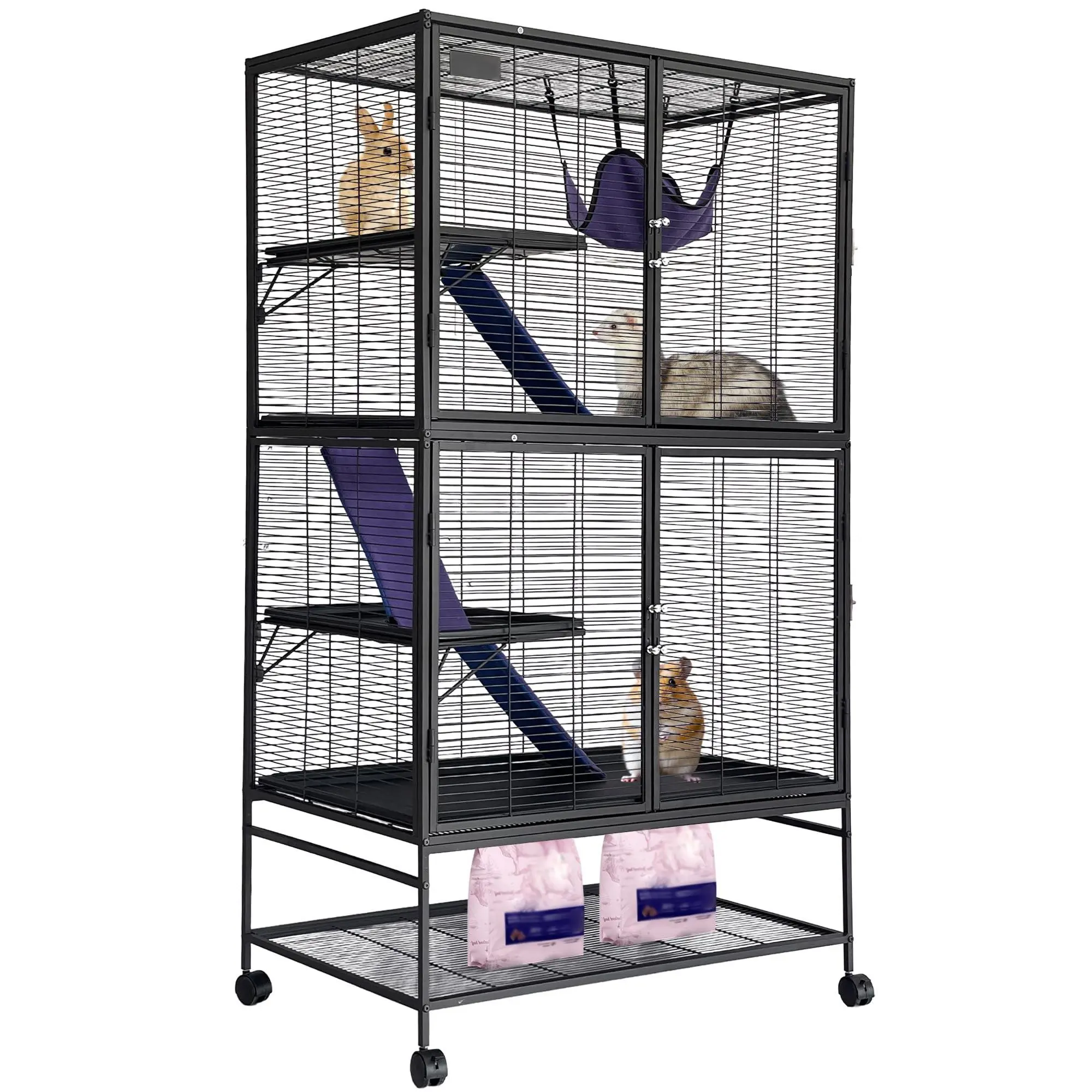 Small Animal Cage, 64 in Tall Deluxe Ferret Cage, 4 Tier Large Chinchilla Cage with Removable Ramp, Hammock, Extra Storage Stand, Removable Tray, for Ferret, Chinchilla, Guinea Pig, Hamster