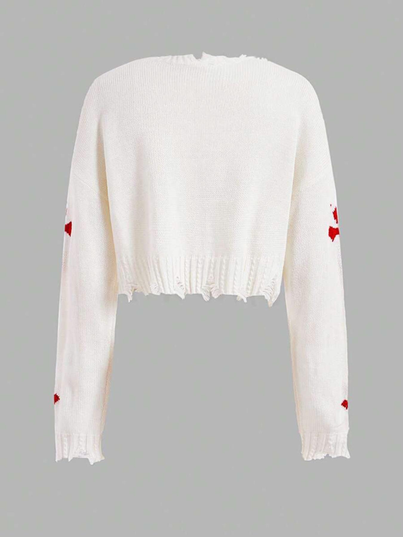 Women's Cross Print Ripped Drop Shoulder Crop Sweater, Street Fashion Chic Style Long Sleeve V Neck Jumper for Daily Outdoor Wear, Ladies Stretchy Knitwear for Spring & Fall Clothes, Casual Sweater for Women, Trending Clothing Women