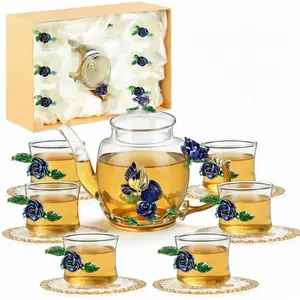 Glass Tea Set 7 Pcs for Women Mother's Day, Rose Floral Vintage Teapot & Cups with Gift Box, Wedding Floral Teapot Set for Adults, Spring Tea Party Present(Blue)