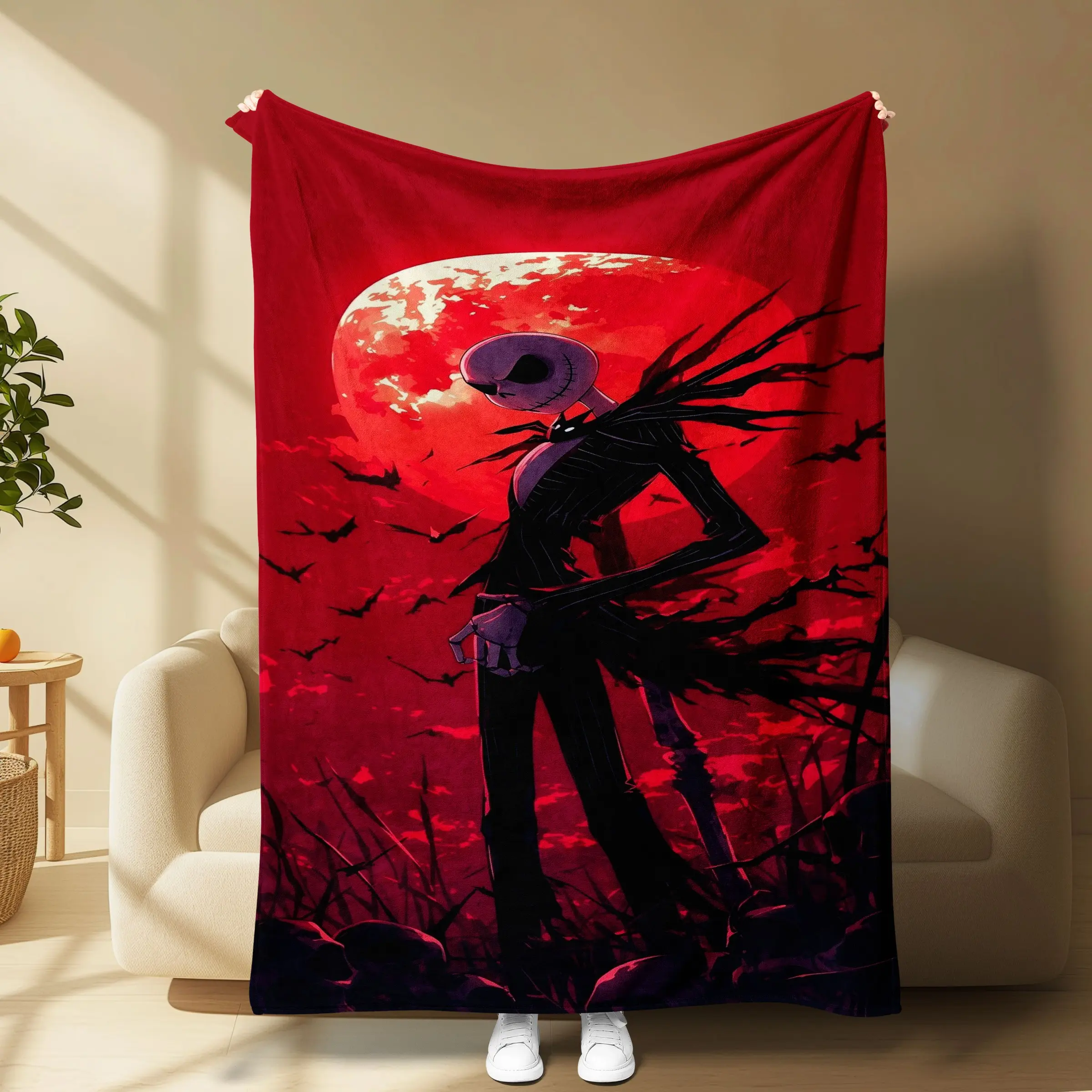 Jack Skellington Red Blood Moon Flannel Throw Blanket, The Nightmare Before Christmas Bat Skull Spooky Graphic Blanket, Dark Gothic Halloween Soft Cozy Blanket, Spooky Season Home Decor Gift
