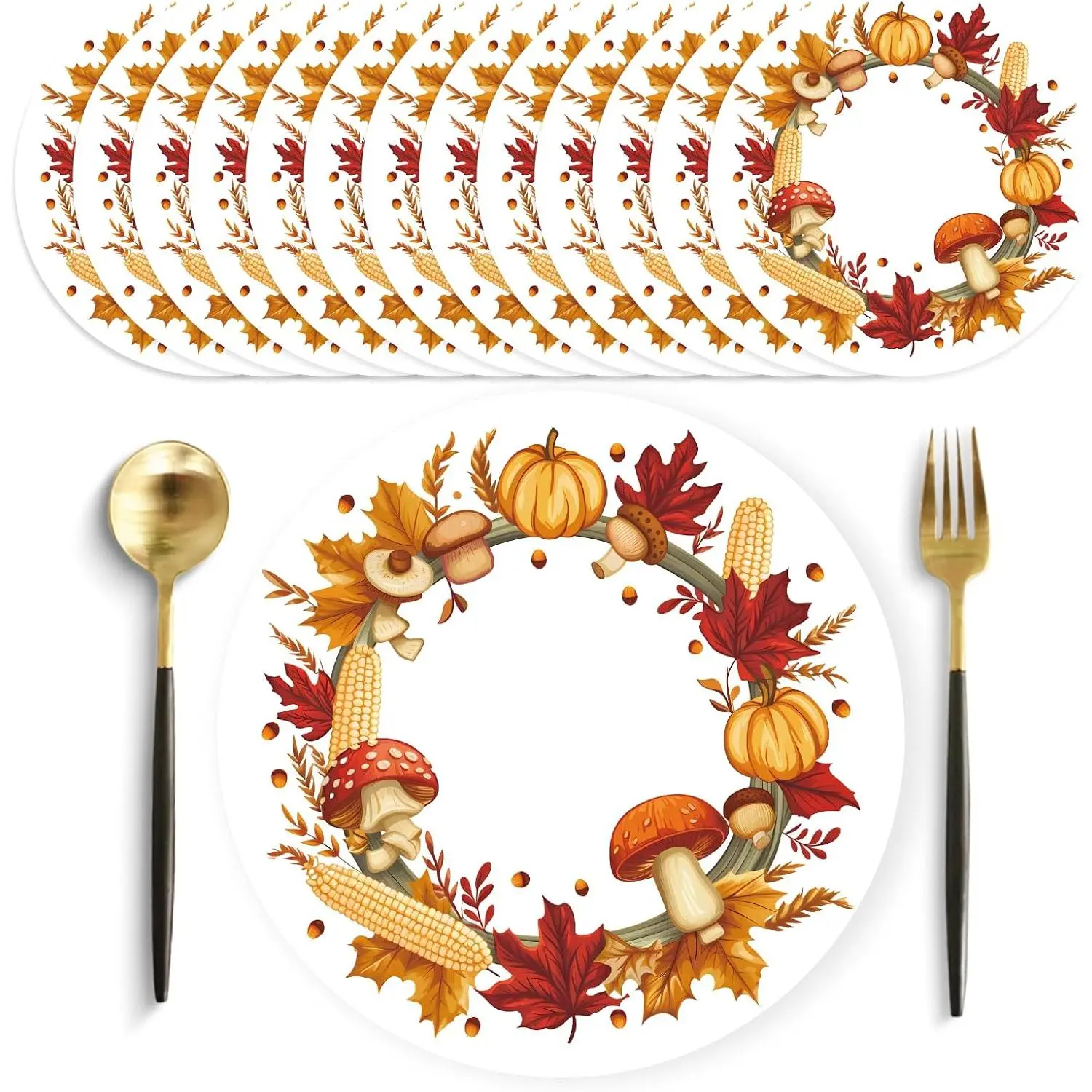 50 Pack Fall Pumpkin Paper Placemats 13.7 Inch Autumn Maple Leaves Mushroom Disposable Placemats Harvest Place Mats Round Table Mats for Thanksgiving Holiday Farmhouse Party Dining Table Decoration
