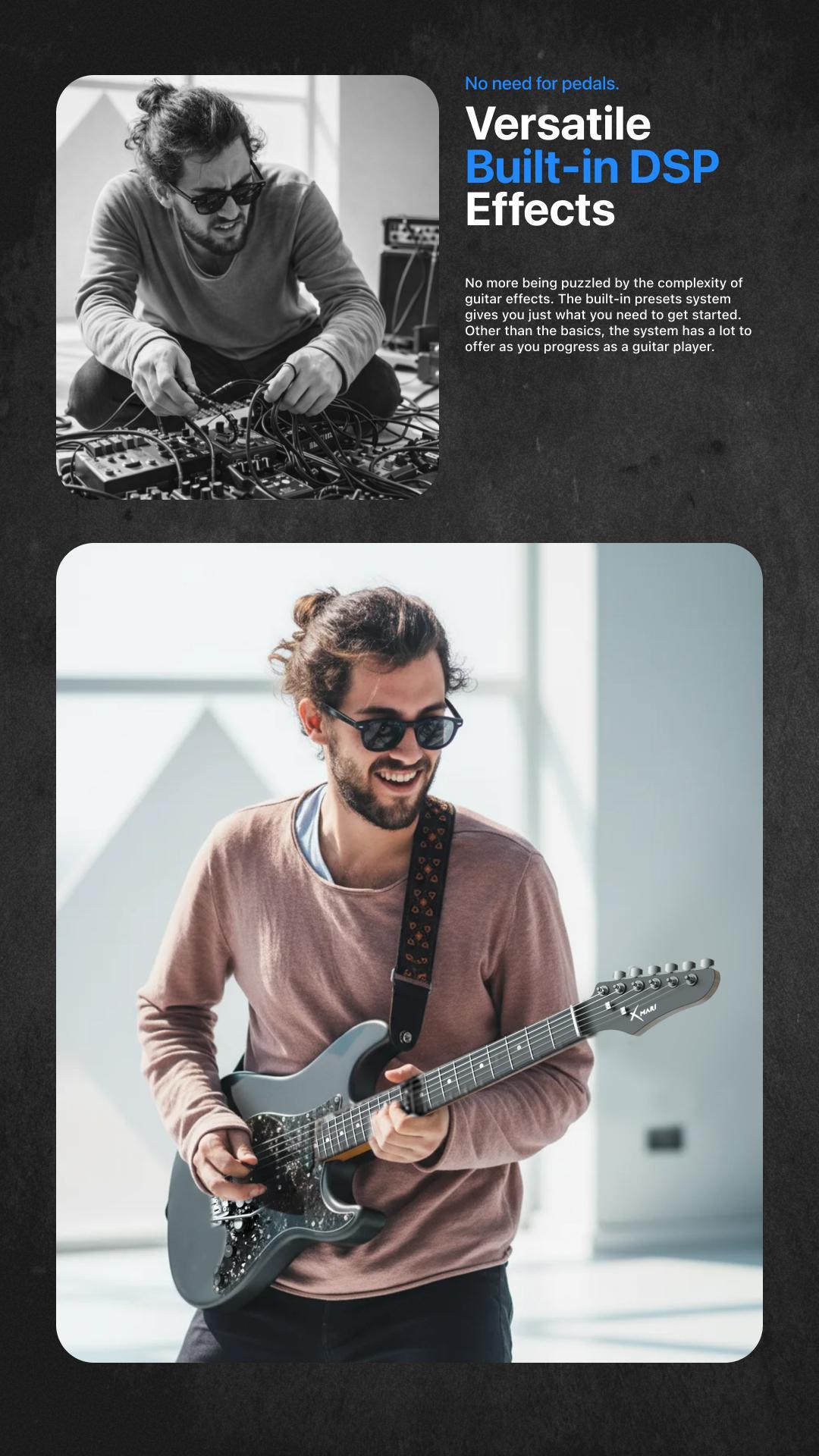 Xmari Smart Electric Guitar with Built in DSP Effects, 4 Presets, USB C OTG Recording, Headphone Output, Alnico Pickups w/Coil Split, Carbon Fiber Body, Gig Bag, Strap, Cable & Picks guitar for beginners electric guitar for beginner【no built-in amp】