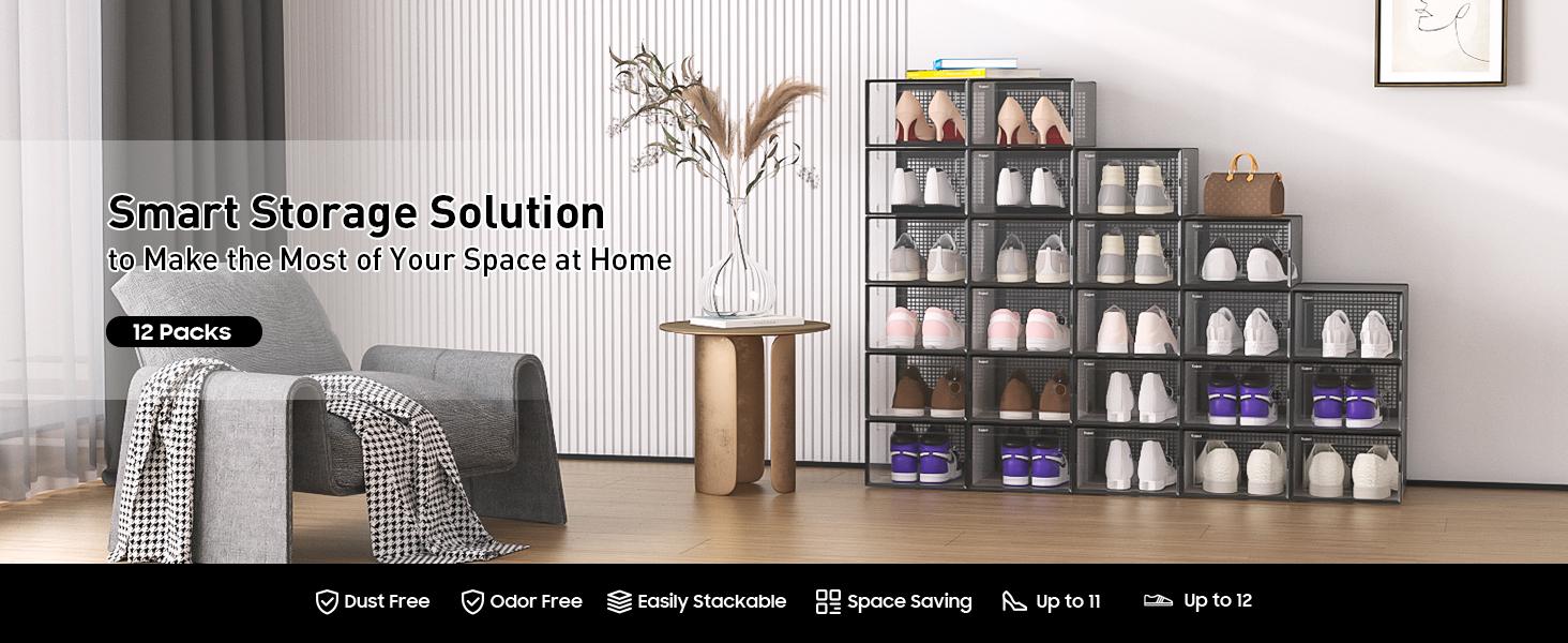 X-Large Plastic Stackable Storage Boxes Organizer 12 Pack - Clear for Shoe Rack & Holder Substitute, Black & Pink