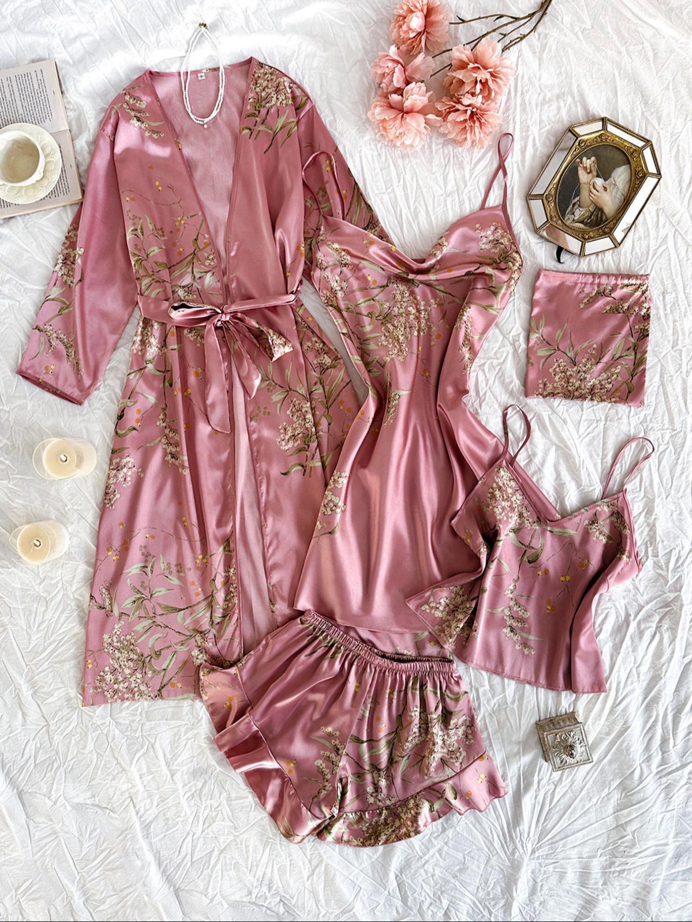 Women's Plant Print Satin Pajama Set with Belted Robe, Cowl Neck Cami Nightdress, Backless Cami Top, Elastic Waist Shorts & Storage Bag, Casual Comfortable Women's Sleepwear