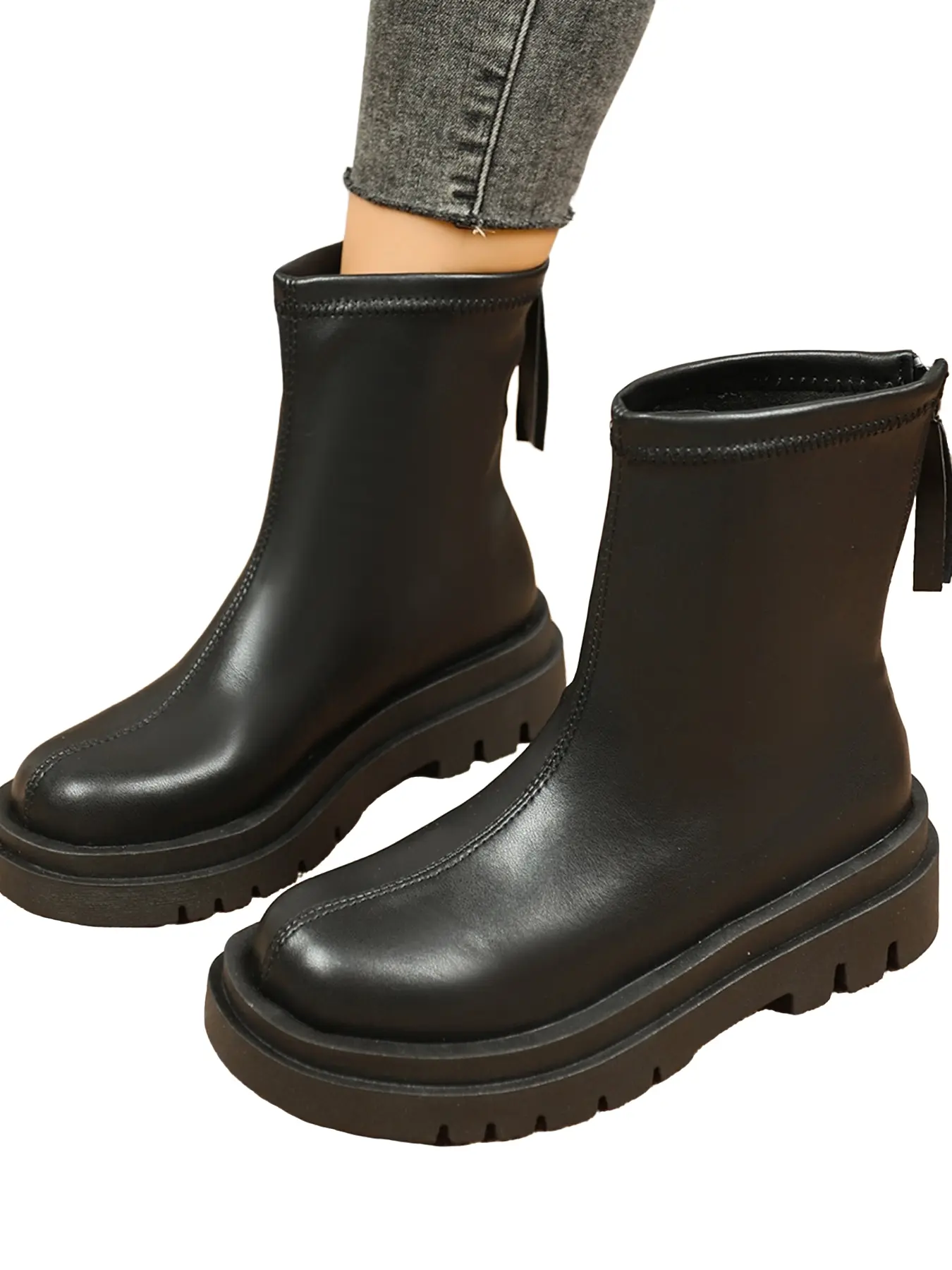 British Style Unmarked Basic Short Boots, Back Zipper Easy On/off, Thick Sole, Tall Look for Petite, Versatile Leather Boots