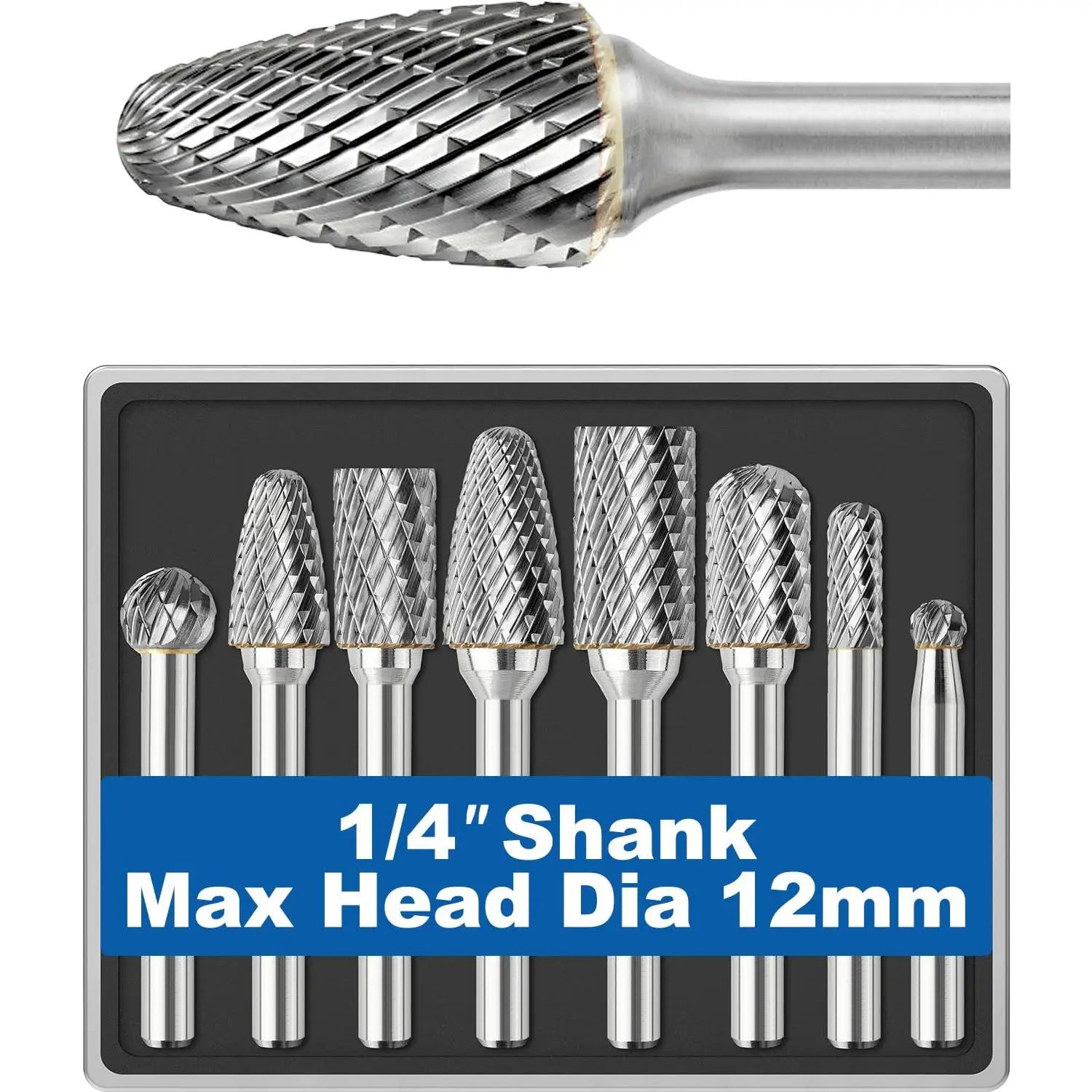 8Pcs Carbide Burr Set 1/4 Shank w/Clear Box Max Head Dia 12mm Die Grinder Bits Rotary Tools Attachment Kit Rasp Accessories Metal Wood Stone Steel Grinding Deburring Cutting Porting Carving