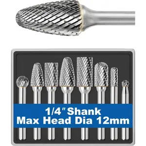 8Pcs Carbide Burr Set 1/4 Shank w/Clear Box Max Head Dia 12mm Die Grinder Bits Rotary Tools Attachment Kit Rasp Accessories Metal Wood Stone Steel Grinding Deburring Cutting Porting Carving