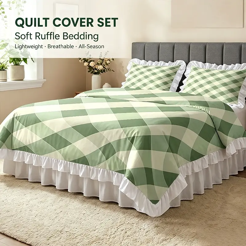 Classic Checkered Ruffle Edge Duvet Cover & Pillowcase Set, Cozy Decorative Bedding Kit for Apartment Dorm Room, OEKO‑TEX Bedroom Home Decoration