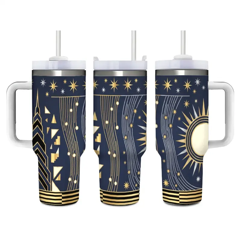 Celestial Art Deco Skyscraper Stainless Steel Insulated Tumbler - Sturdy, Lightweight, Portable Vacuum Flask Water Bottle with Straw, Sliding Lid, Midnight Sun & Starry Geometric Design, Ideal for Daily Commute, Elegant Graduation Gift for Dreamers, Insul