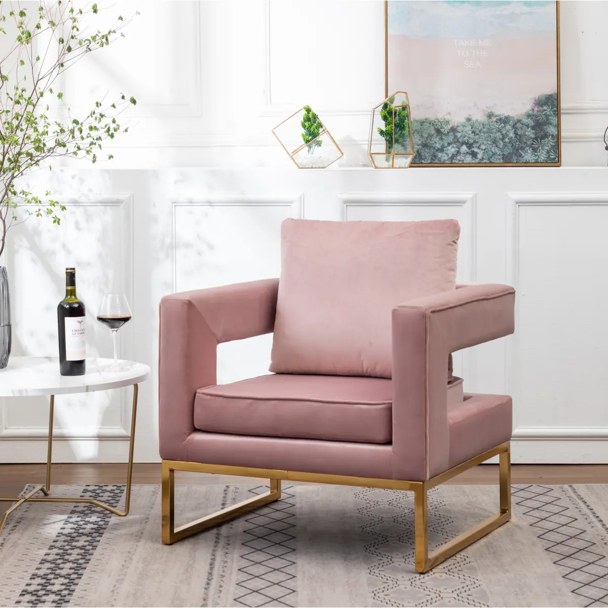 Glam Velvet Lenola Contemporary Plush Upholstered Accent Chair with Square Arms & Cut-Out Square Track, Pink Indoor Furniture, 29.75"w x 27.5"d x 34.5"h, Assembly Required