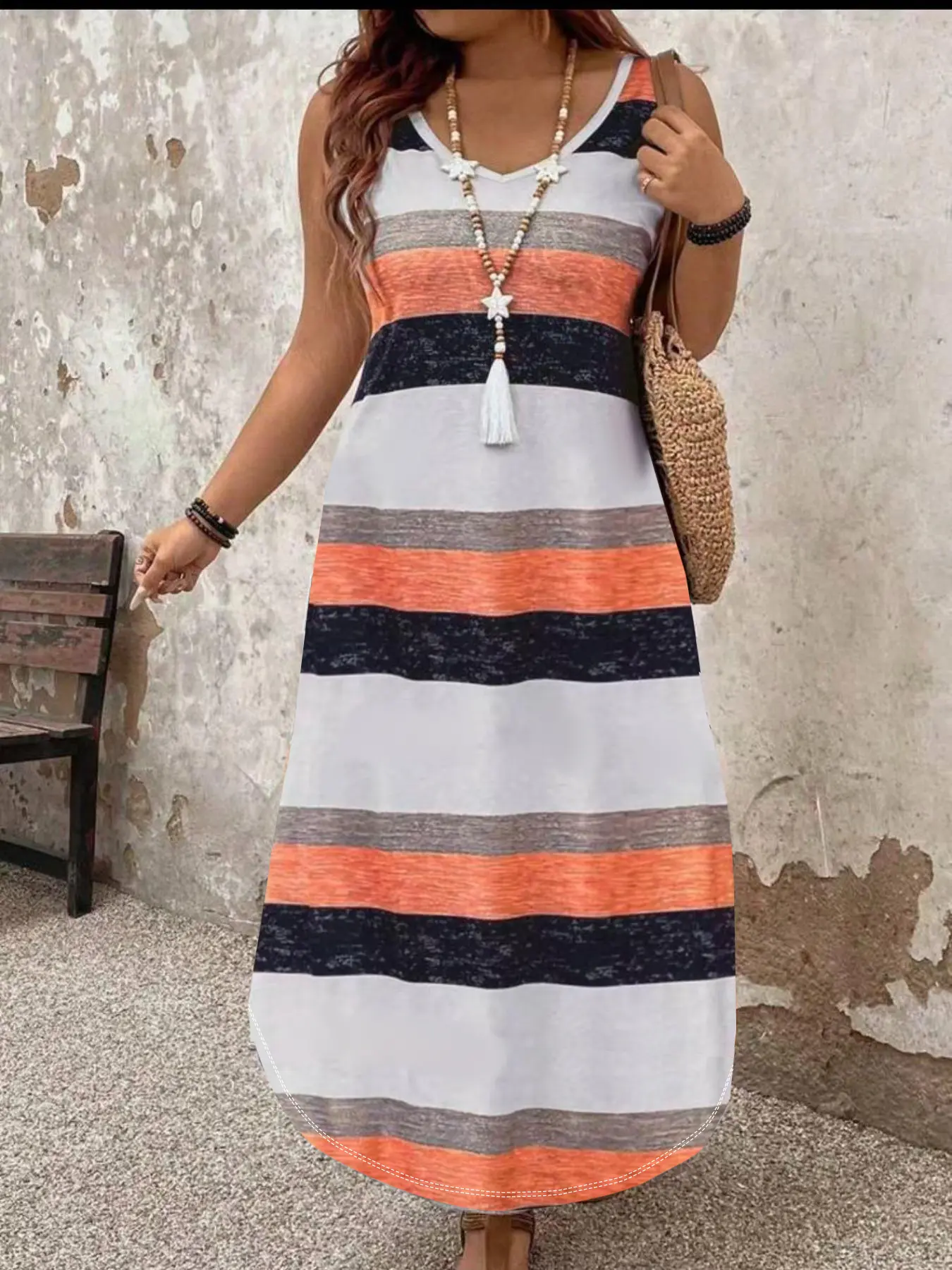 Plus Size Striped Sleeveless Long Dress, Casual V Neck Side Slit Hem Dress, Comfortable and Stylish, Perfect for Daily Wear, Beach Resort Wear, Beach Holiday Dresses, Casual Fashion Summer Dress, Casual Beach Sundress