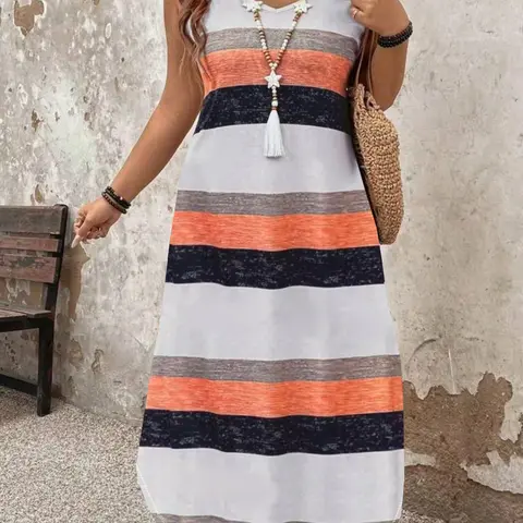 Plus Size Striped Sleeveless Long Dress, Casual V Neck Side Slit Hem Dress, Comfortable and Stylish, Perfect for Daily Wear, Beach Resort Wear, Beach Holiday Dresses, Casual Fashion Summer Dress, Casual Beach Sundress