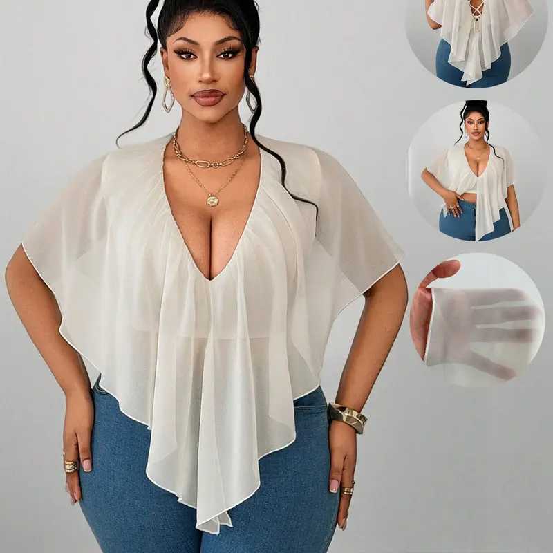 Plus-Size Deep-V Flowy Cape Blouse, Back Cross-Tie Design, Asymmetrical Hem, Elegant Top for Beach Vacation, Curvy Friendly Fit