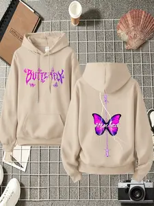 Jagged Lightning Butterfly Back Print Hoodie, Couple Lazy Personality Long Sleeve Pullover, Casual Sporty Sweatshirt