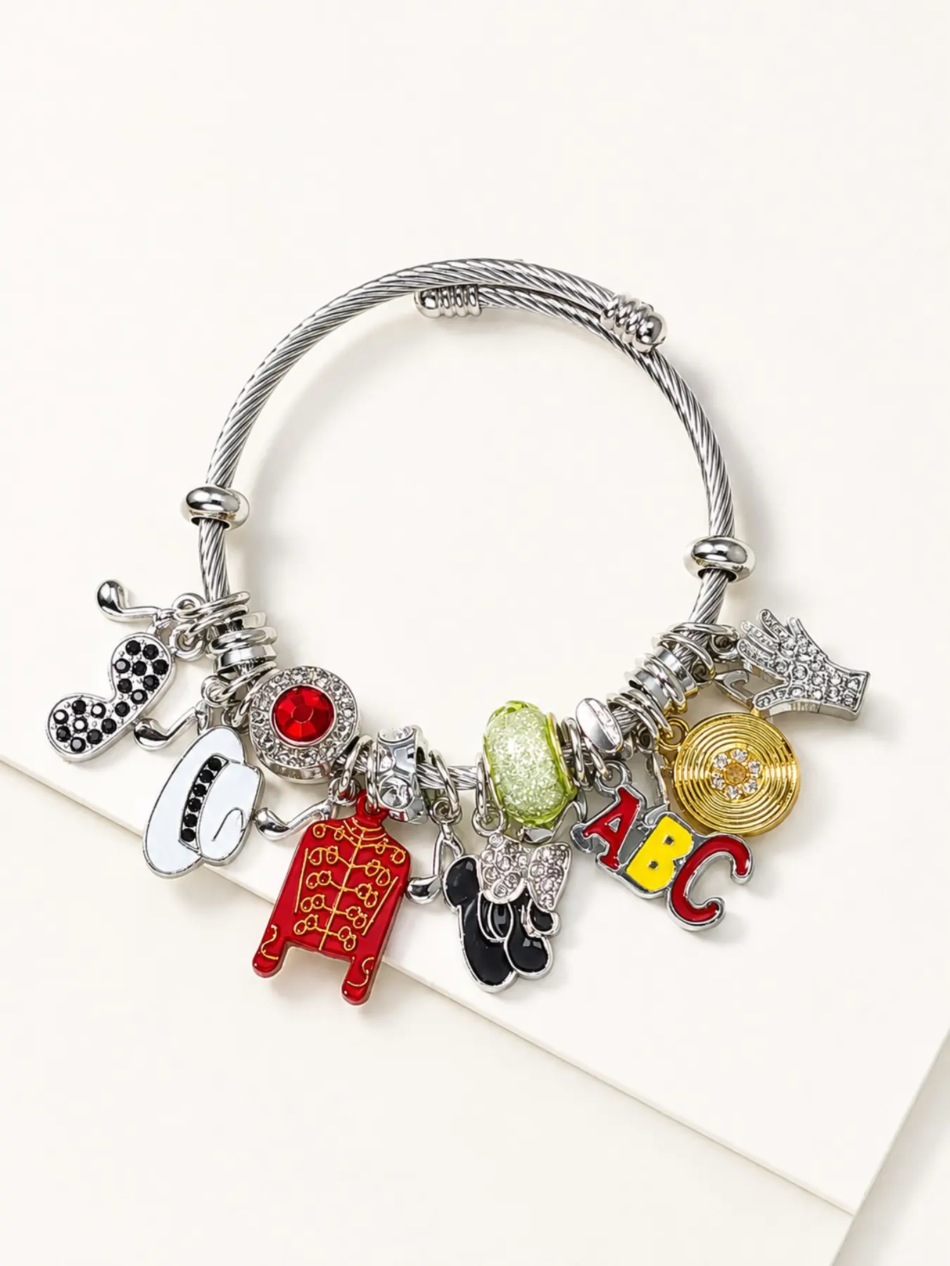 Retro Dance Stage Charm Bracelet, Silver-Tone Adjustable Bangle with Hat, Glove, Vinyl Record, Red Jacket & Music Note Charms, Concert Statement Jewelry