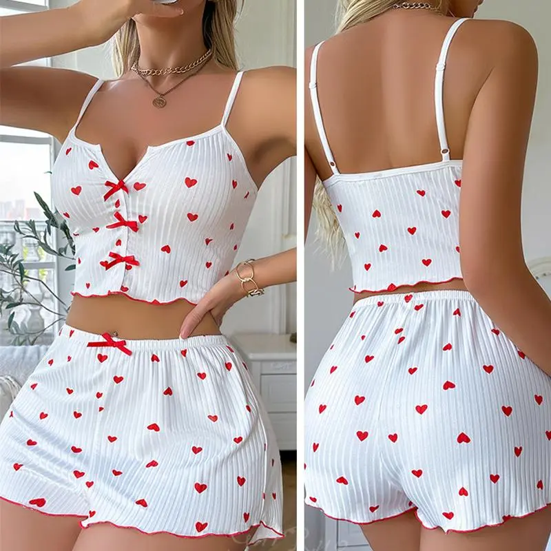 Women's 2-Piece White Lingerie Set - Romantic Heart Print Ribbed Cami Top, Frill Trim Boyshorts, Casual Underwear for Women, Plus Size Loungewear, Multi-Size, Cami Set, Flirty Frill Trim