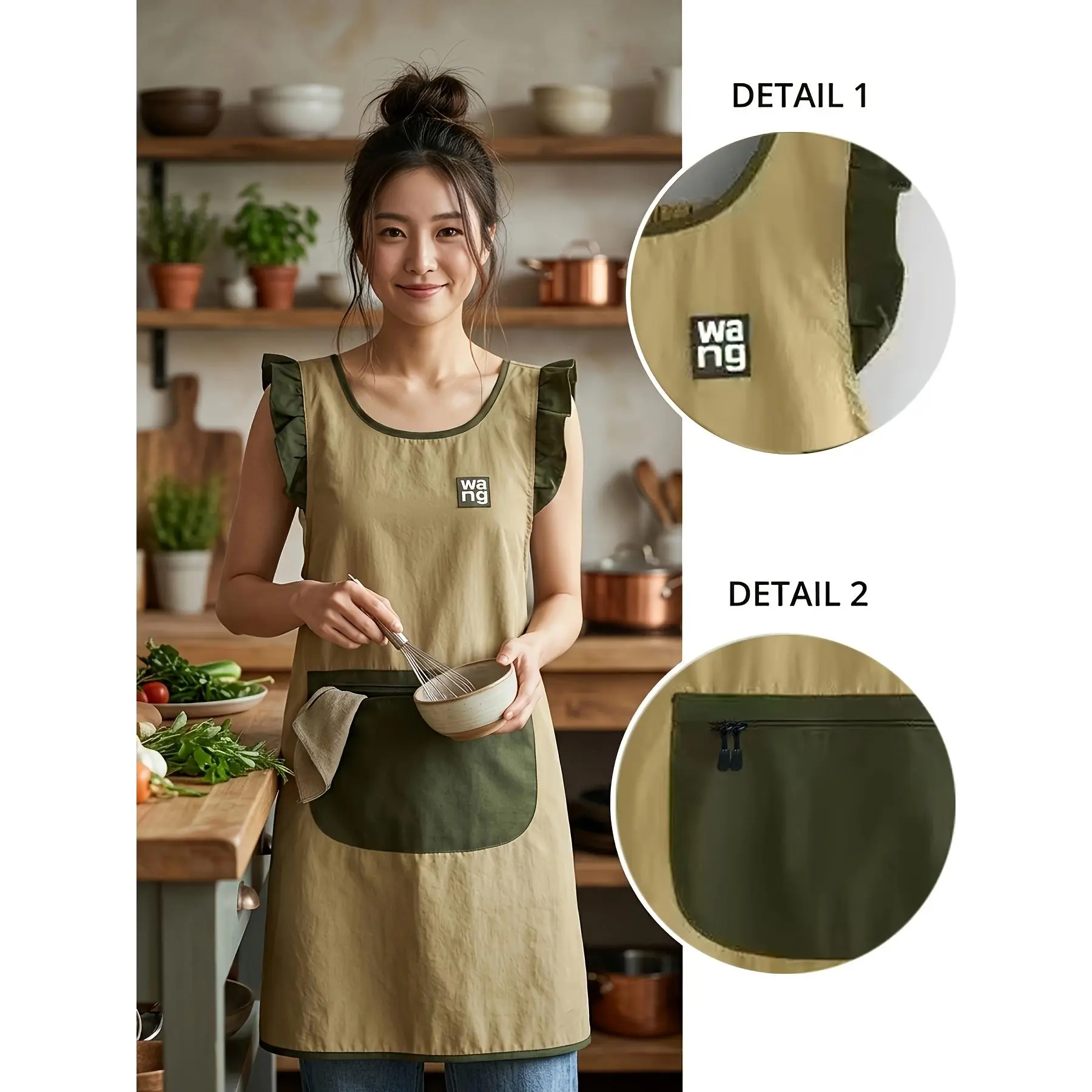 Japanese and Korean Style Ruffle Apron for Women, Practical Apron with Large Pocket, Wipeable Hand Apron, Bib Apron, Nail Art Apron, Gardening Apron, Cooking Apron for Women, Kitchen Cleaning Uniform, Outdoor Apron, Restaurant Service Apron Khaki