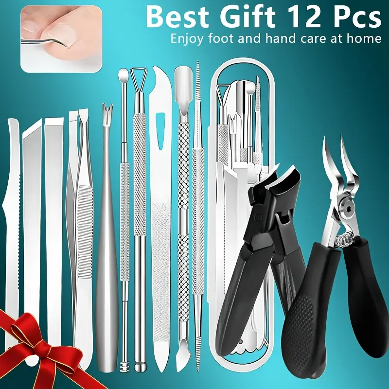 12Pcs Stainless Steel Manicure Pedicure Tools Kit Black Handle Ingrown Toenail Removal Kit Nipper Cuticle Remover Nail Lifter Home Hand Foot Care Gift Set