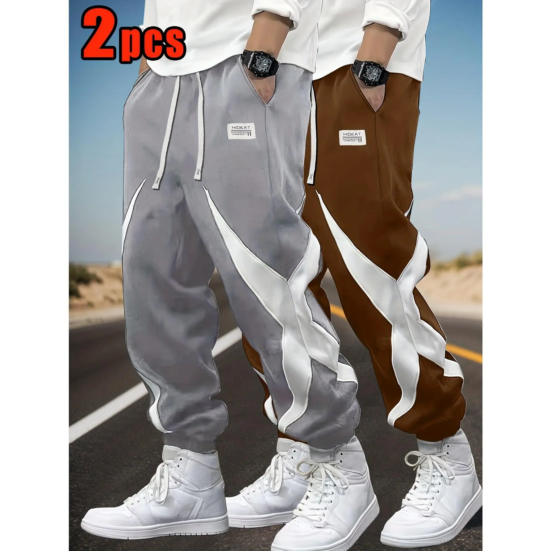 Men's 2-Pack Nylon Stretchy Geometric Print Slim Fit Joggers - Elastic Waistband Soft Lounge Pants, Male Casual Wear Trousers for Daily Wear, Leisure Outings, Sporty Chic