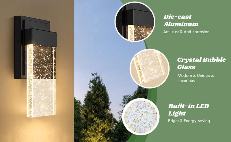2 Packs Outdoor Wall Light Fixtures with Crystal Bubble Glass, Waterproof Exterior Sconces LED Wall Lanterns, Porch Lights Wall Mounted 10W 3000K Outside Lights for House Front Door Garage Entryway