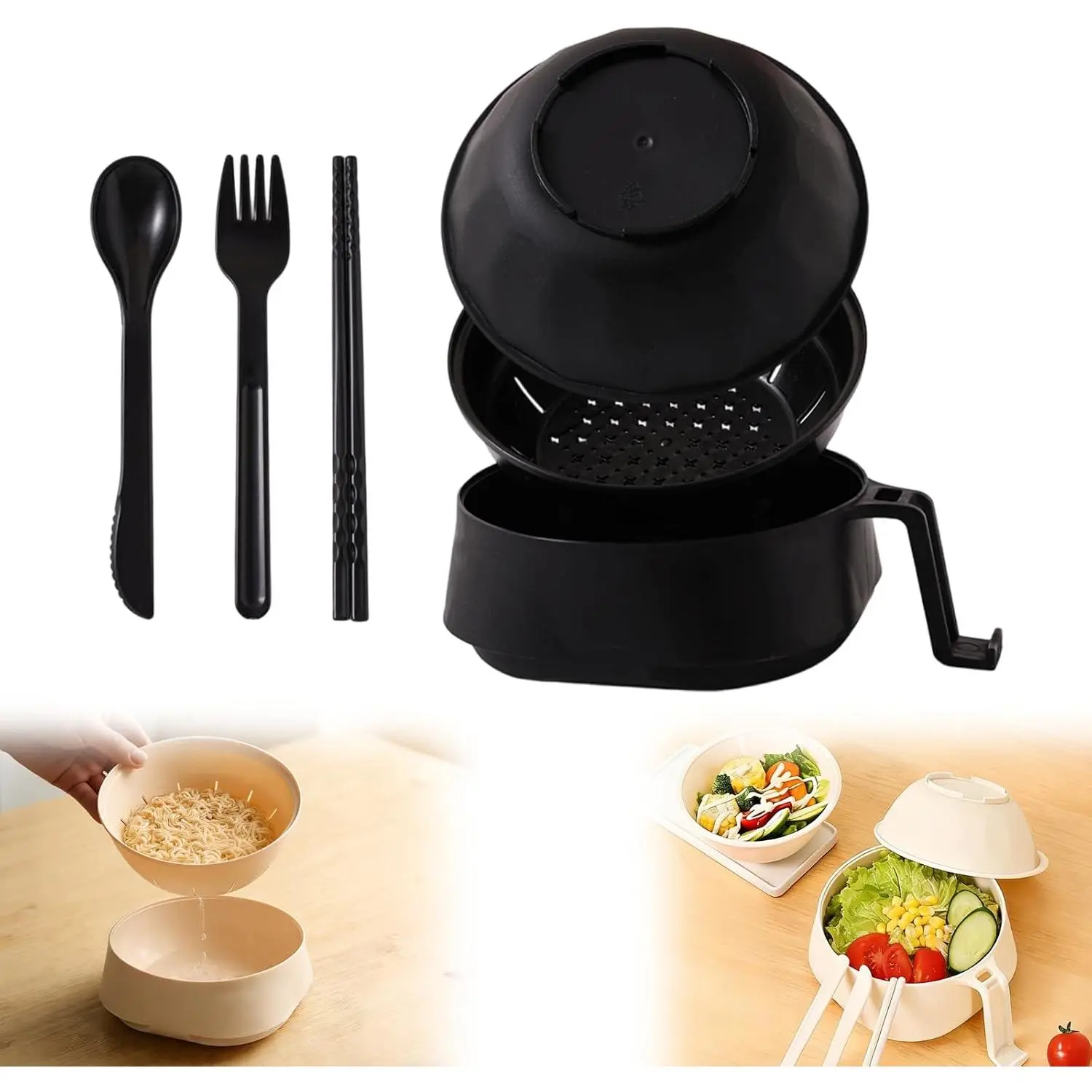 Ramen Cooker Bowl Set with Chopsticks, Wheat Fiber Microwave Ramen Cooker for Instant Noodles – Includes Strainer & Handle, College Dorm Room Essentials (Black)