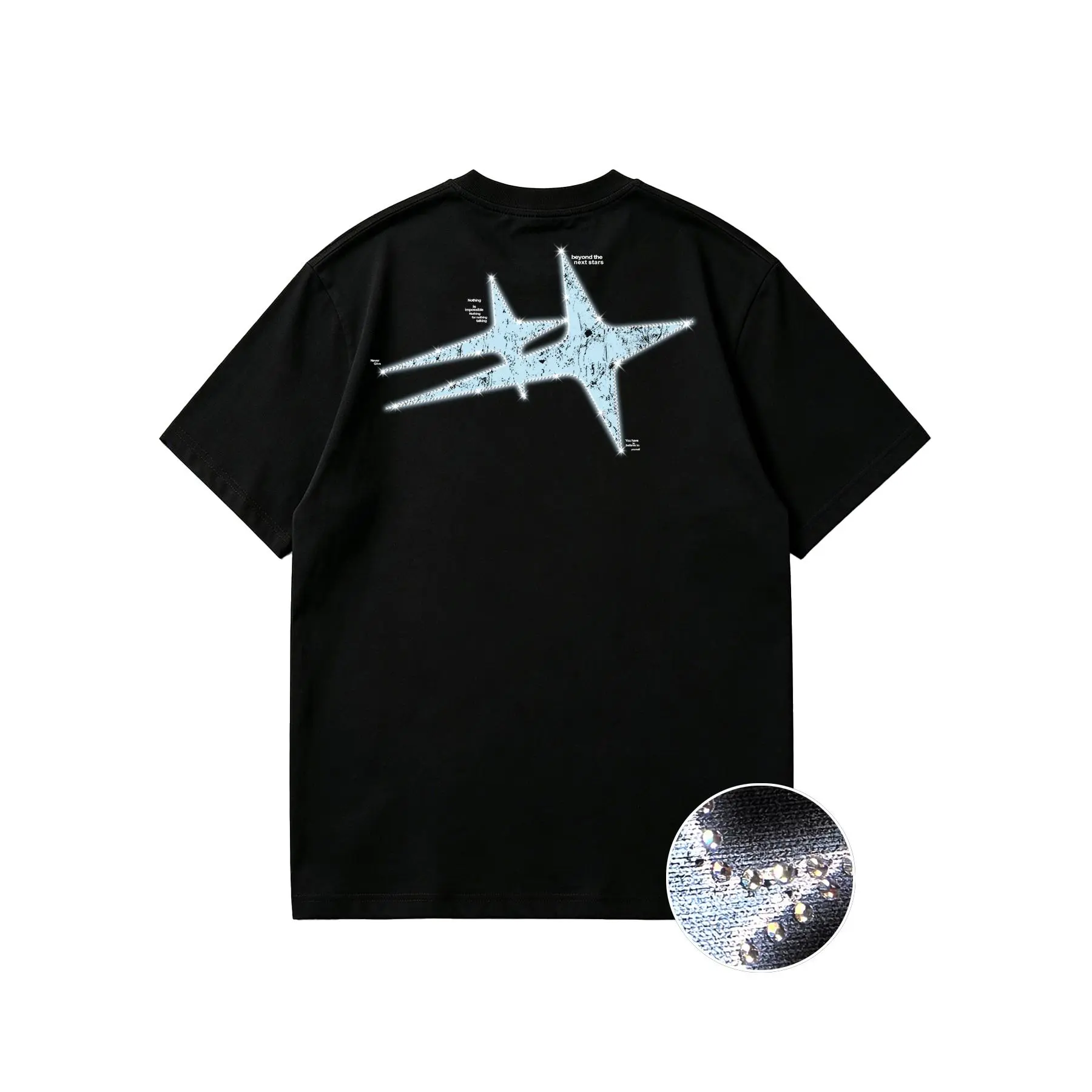 Light Blue Shattered Star Rhinestone T-Shirt Alt Y2K Aesthetic Oversized Crew Neck
