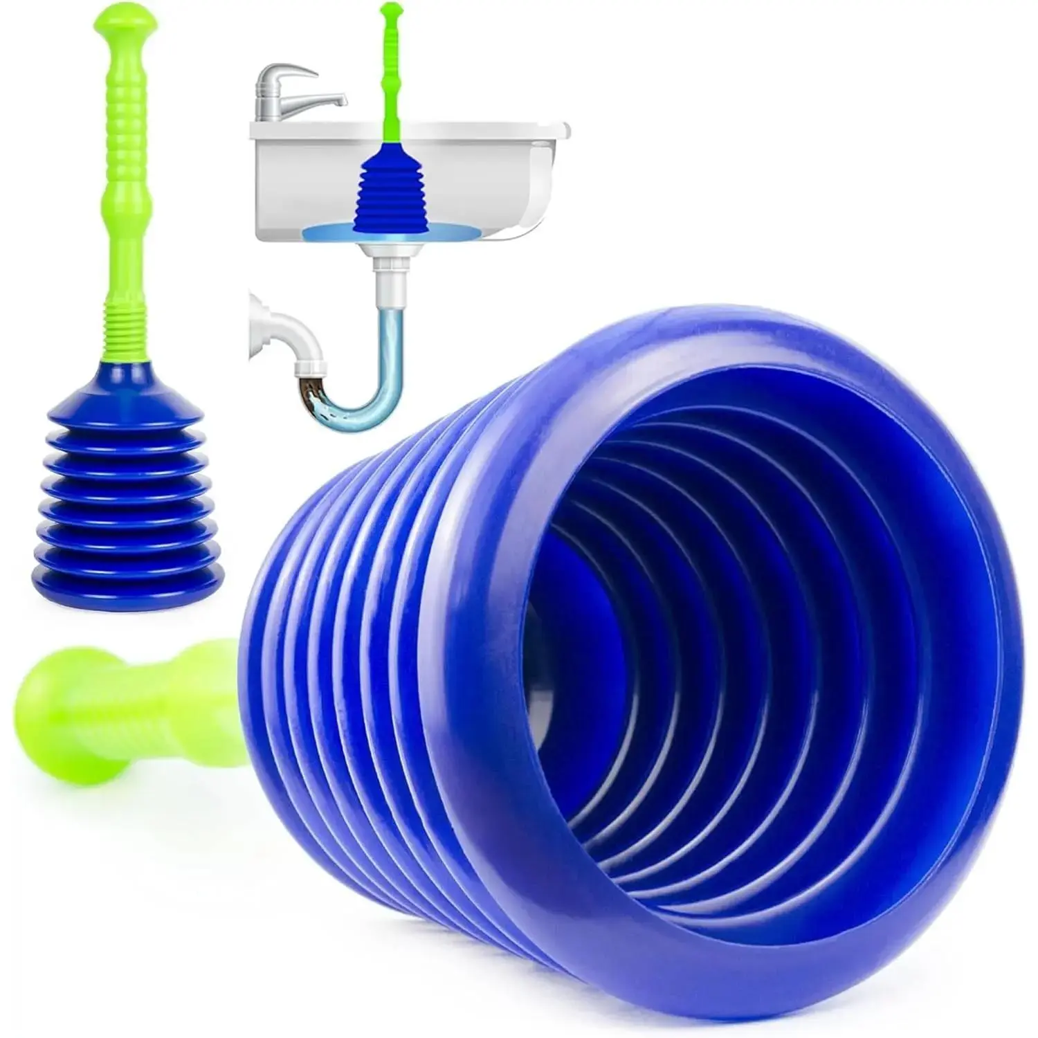 Sink Plunger Kitchen - Sink Plunger Bathroom - Drain Bathtub or Shower - Large and Powerful Clog Remover - Commercial Style Plumbers Plungers with Large Bellows - Blue Green - Grande