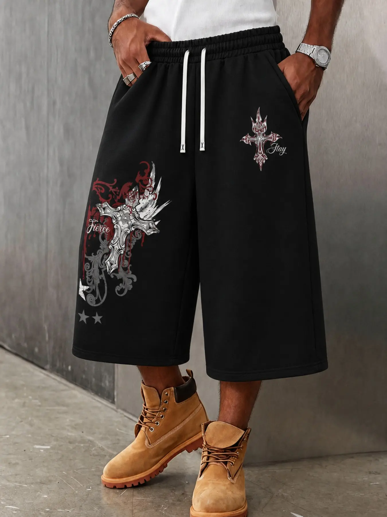 Men's Black Baggy Bermuda Shorts, Knee-Length Wide-Leg Drawstring Shorts with Red and White Gothic Cross Graphics and Ornate Print Details, Retro Y2K Dark Streetwear Bottoms for Summer, Campus Looks, Skate Outfits, Festivals, Travel, and Parties