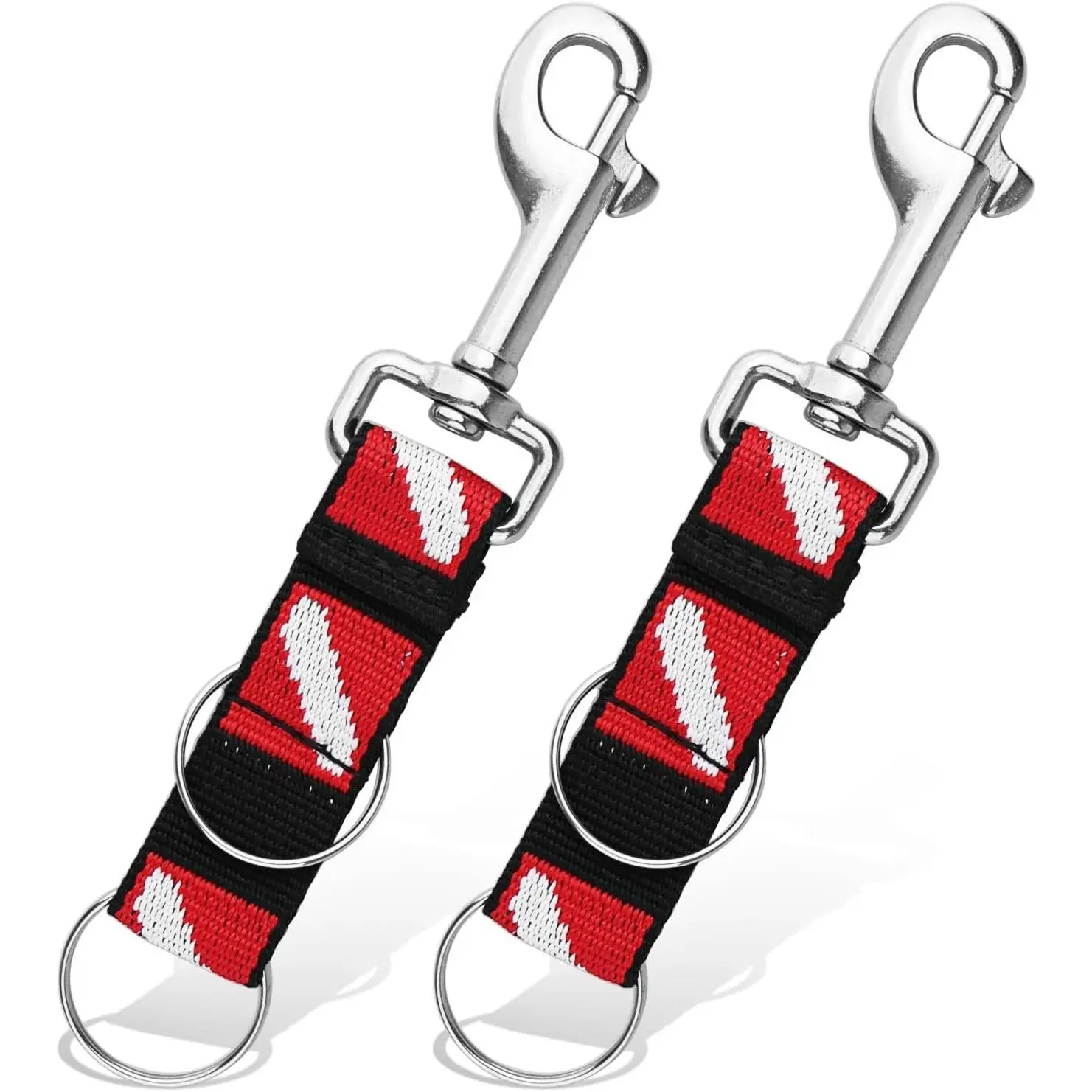 2 Pack Stainless Steel Scuba Split Ring Swivel Snap Clips with Double Rings & Dive Flag Webbing for Diving Flashlight Whistle Gauge Camera BCD Attachment