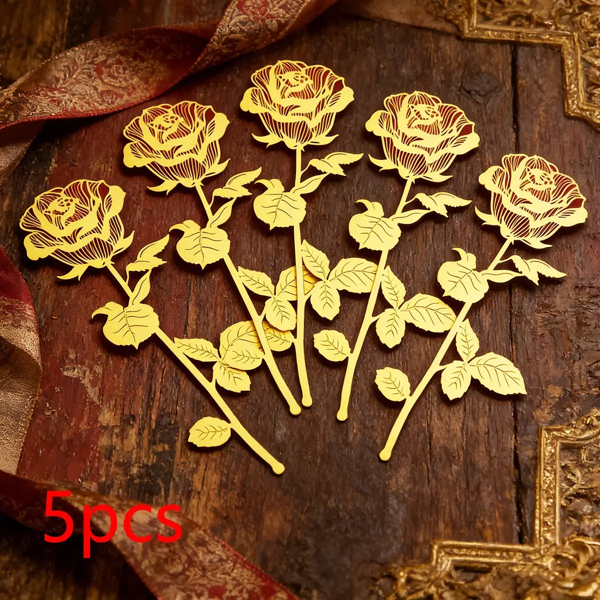 5pcs/set Stainless Steel Metal Rose Bookmarks, Two Colors, Hollow Design, Ultra-Thin Durable, Perfect for Reading, Learning, Holiday Gifts