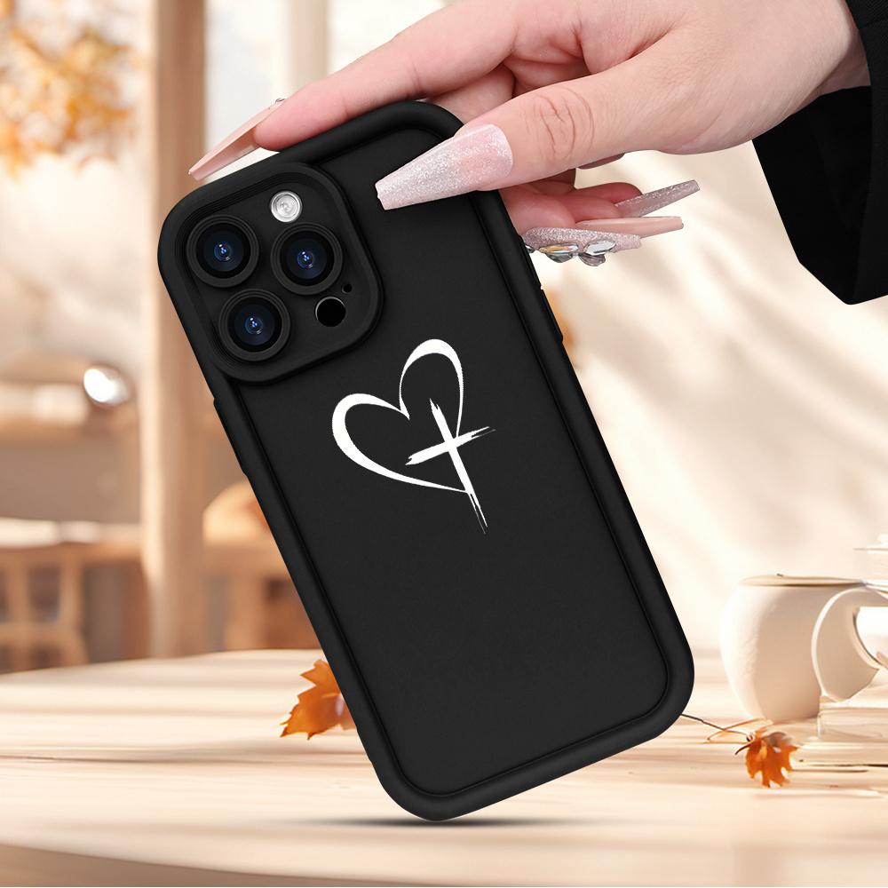 This phone case is compatible with iPhone 17 E Air Pro ProMax iPhone16 15 14 Plus 13 12 Mini 11 X XS XR. It has a unique minimalist design with heart and cross patterns, is anti-fouling, and is perfect for couples