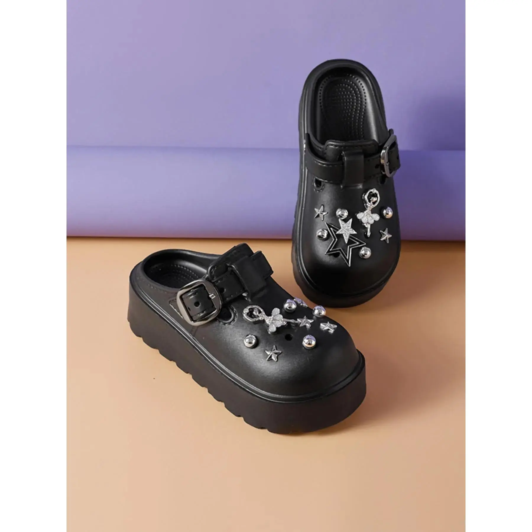 Women's Fashionable Star Decorated Platform Clogs, Casual Comfortable Breathable Clogs for Daily Wear, Female All-match Round Toe Shoes for Outdoor Adjustable Buckle Clogs