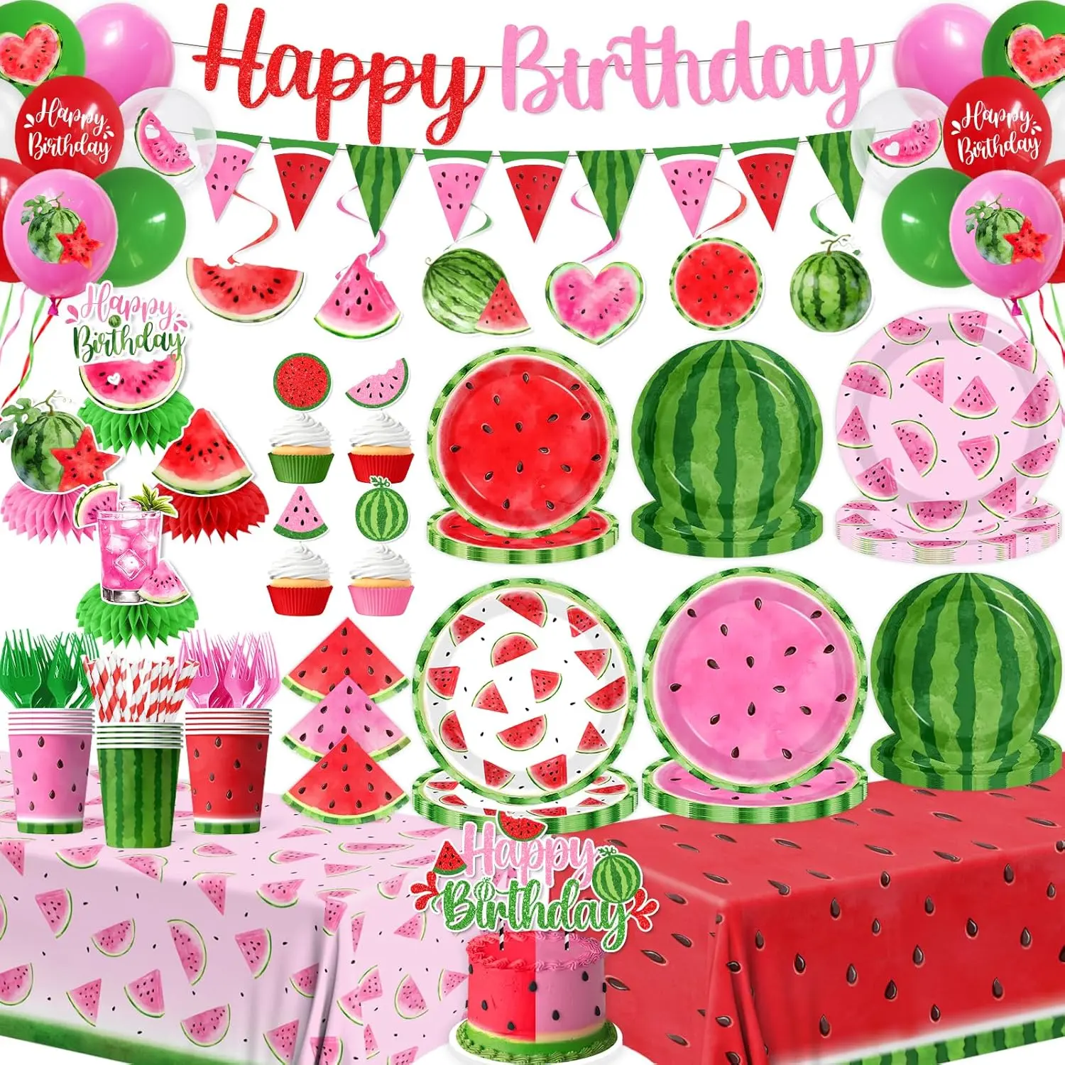 Watermelon Party Decorations Summer Fruit Party Supplies Red Green Pink Watermelon Plates ,Napkins, Forks, Balloons, Banner, Cupcake Toppers,Tablecloth for One in a Melon Birthday Party Serves 24