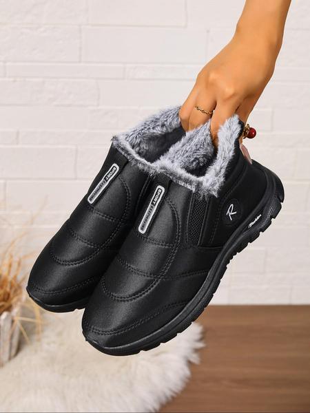 Women's Waterproof Solid Plush Lined Short Boots, Casual Warm Boots, Slip-On Soft Sole Non-Slip Winter Booties for Outdoor & Indoor Comfort, Lightweight Warm Slip-Ons