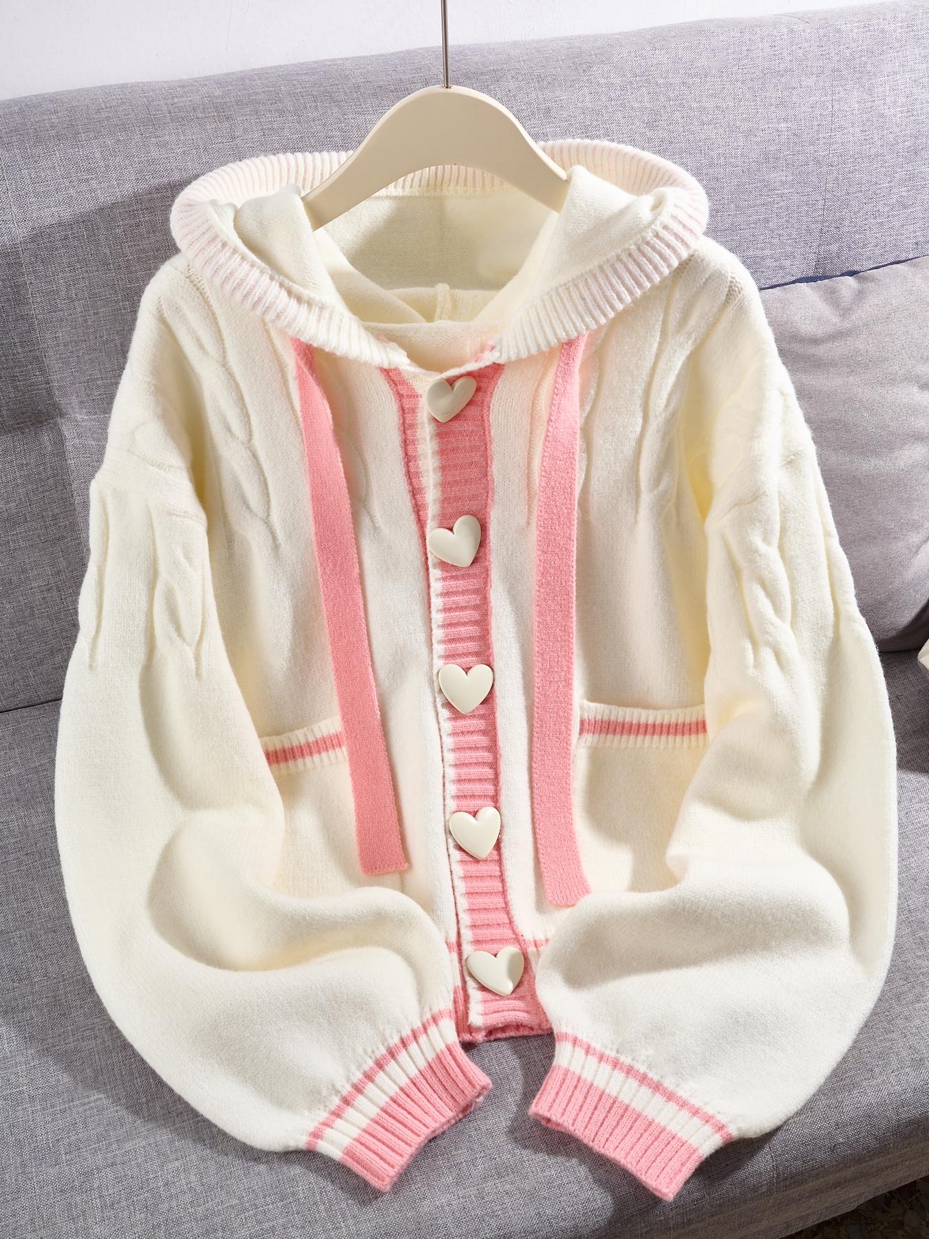 Women's Casual Knit Cardigan, Long Sleeve Hooded Sweater, Patchwork Heart Button Design, Fall Winter Fashion