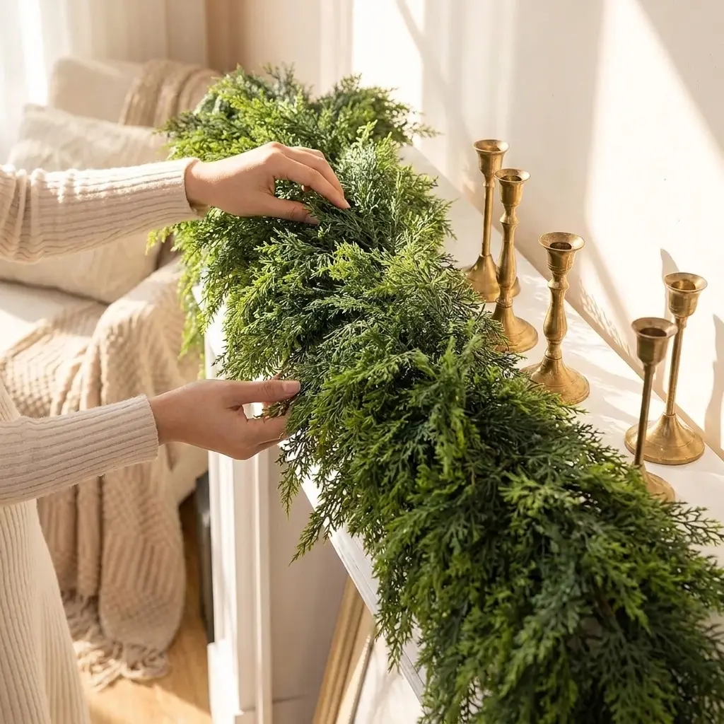2-Pack 6FT Artificial Cedar Garland, 12FT Total Christmas Greenery Garland for Fireplace Mantel, Doorway, Staircase, Table & Holiday Home Decor