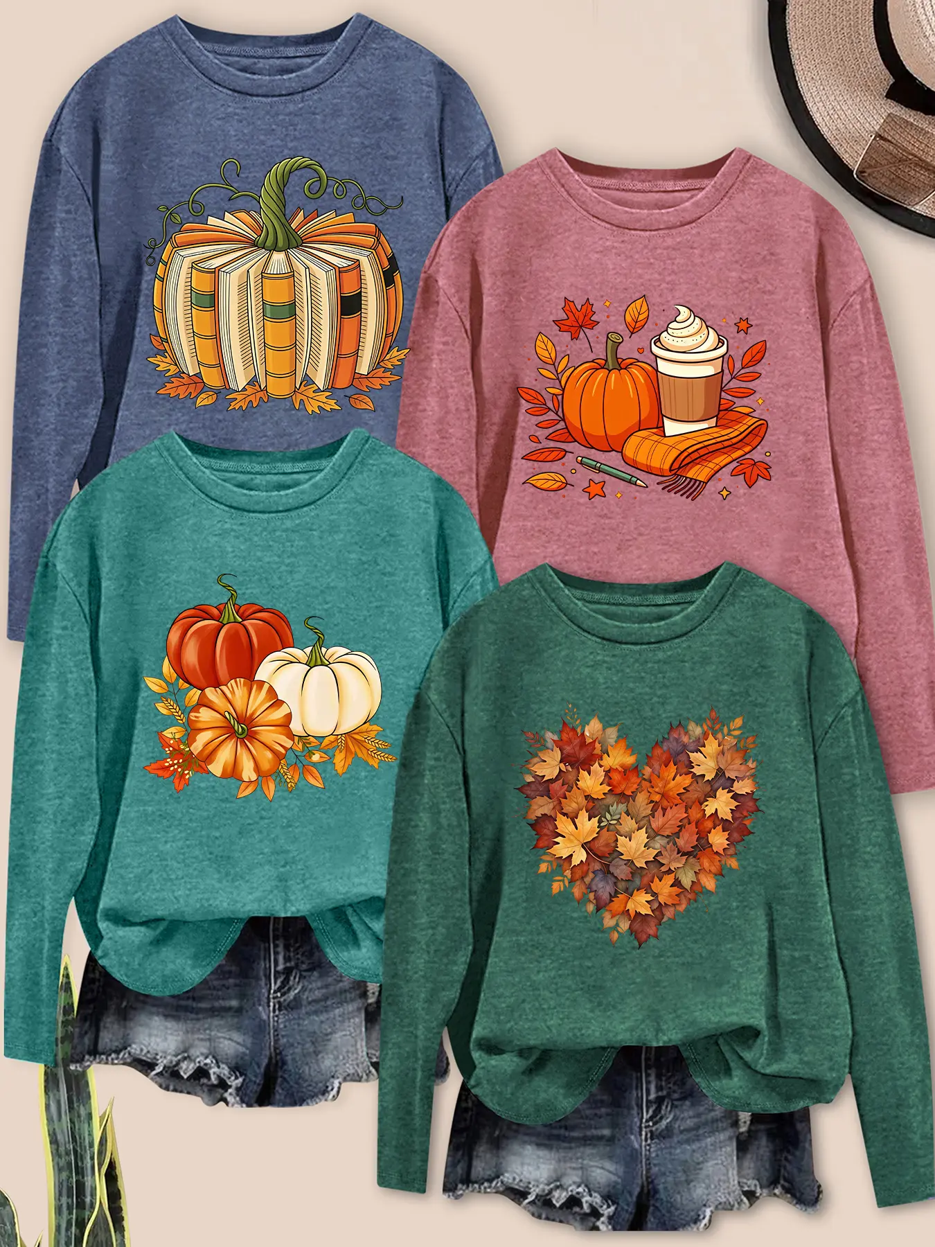 Women 4‑Pack Crew Neck Long Sleeve T‑Shirts, Printed Pattern As Picture, Multiple Colors, Machine Washable, Spring & Autumn Tops, Soft Skin‑Friendly Fabric, Daily Outfit, Trendy Fashion Design