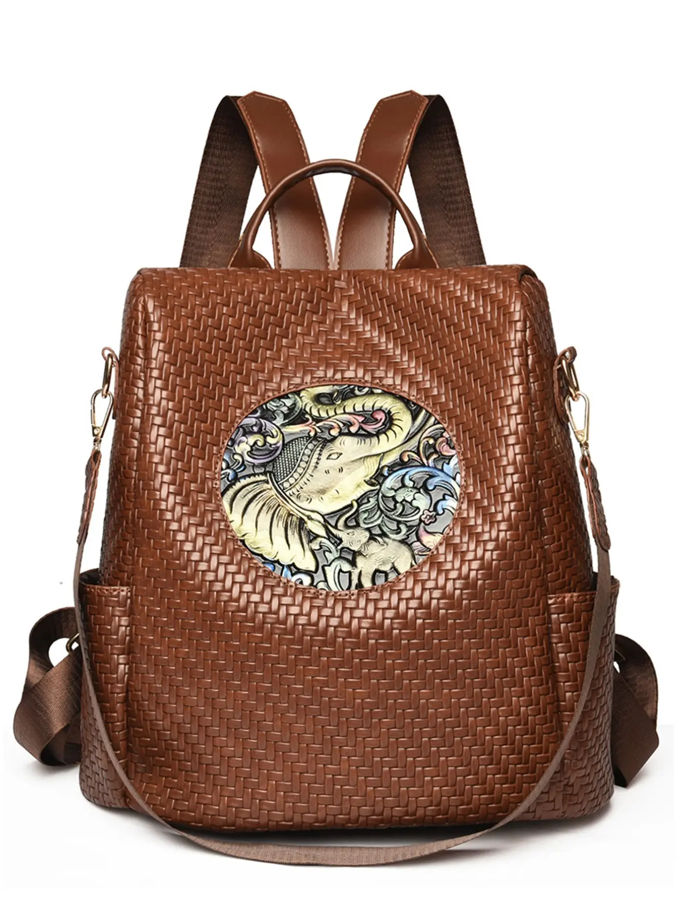 PU Leather Elephant Print Backpack, Multifunctional Travel Backpack, Detachable Wide Straps, Large Capacity, Anti-Theft, Vintage Style, Women's Travel Bag