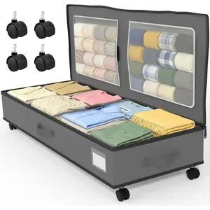 Under Bed Storage with Wheels: 70L Rolling Bins for Wrapping Paper Storage, Toys, Clothes - Includes Mesh Bag & Adjustable Dividers, Metal Frame Easy Pull-out Grey 1-Pack