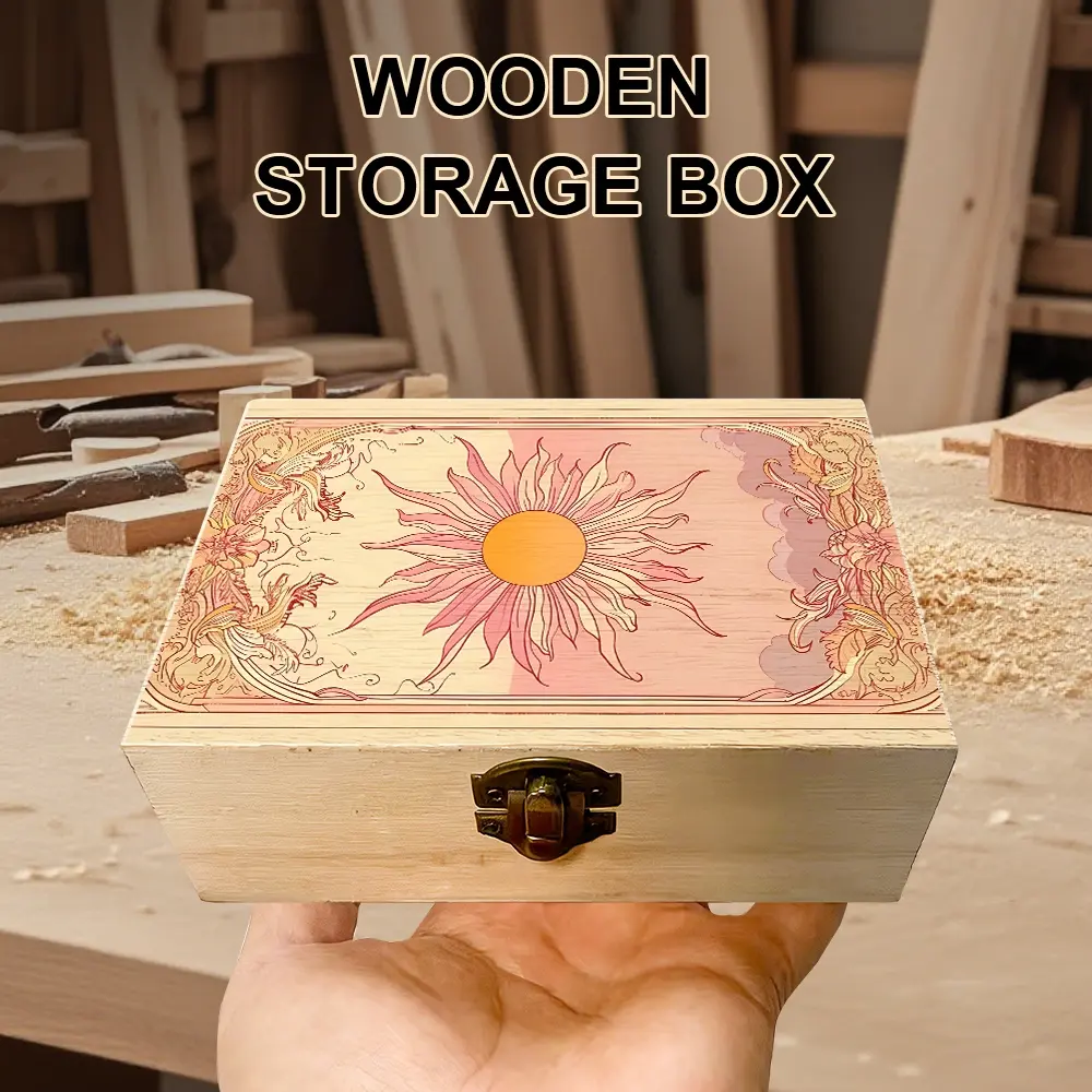 1Pc Wooden Storage Box, Gift Storage Box with Art Nouveau - style Sun and Floral Illustration, Small Trinket Organizer, Keepsake Box for Jewelry Collection, Desk Organization, Souvenir Storage, Bohemian Home Decor