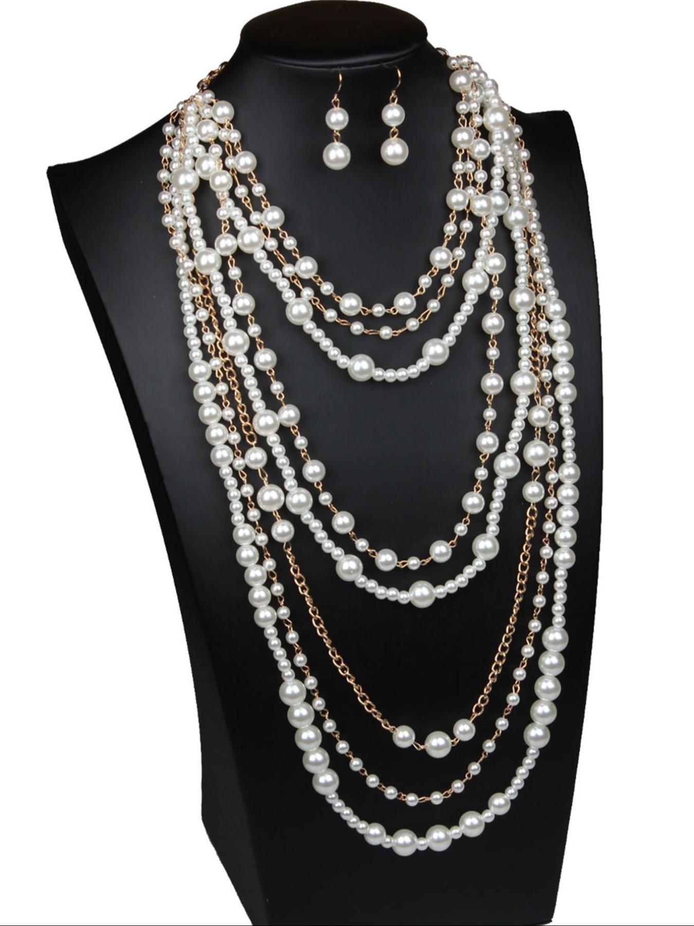 Exaggerated Multi-layer Faux Pearl Decorated Necklace & Dangle Earrings, Elegant Jewelry Set for Party, Daily Decor, Trendy All-match & Exquisite Jewelry for Birthday Gift