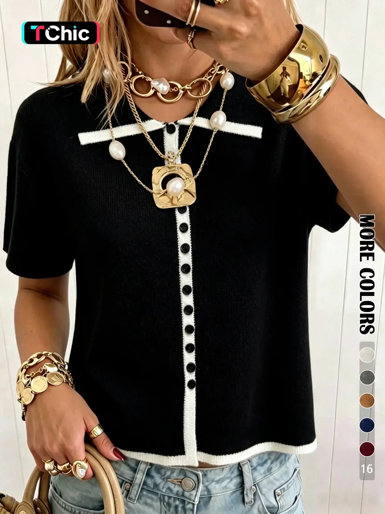Elegant Polo Neck Button Front Pullover, Casual Colorblock Short Sleeve Top, Loose Fit Fall Fashion Women's Sweater
