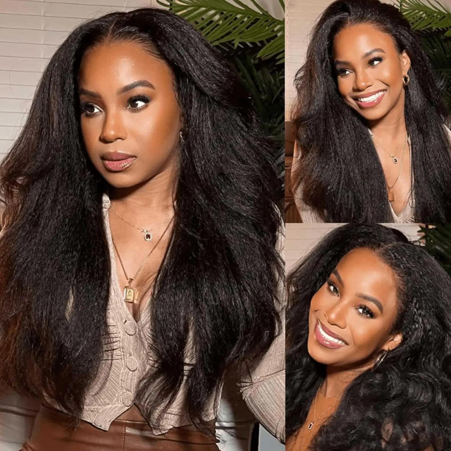 [Ready to Wear Half Wig] Human Natural Hair Kinky Straight Invisible Hairline Glueless Install 3 IN 1 Seamless Flip Over Half Up and Down Wig Beginner Friendly Wigs for Women With Drawstring