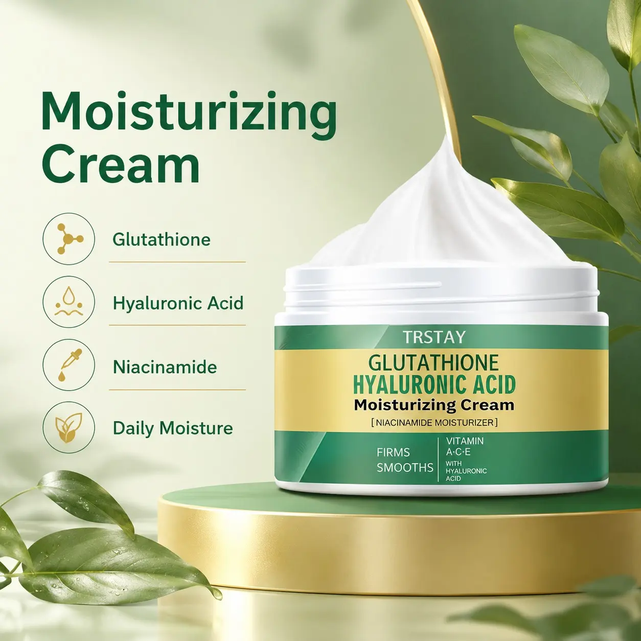 Trstay Glutathione Niacinamide Vit a C E Hyaluronic Acid Cream, Firming Smoothing Daily Moisturizer, Skin Care Formula