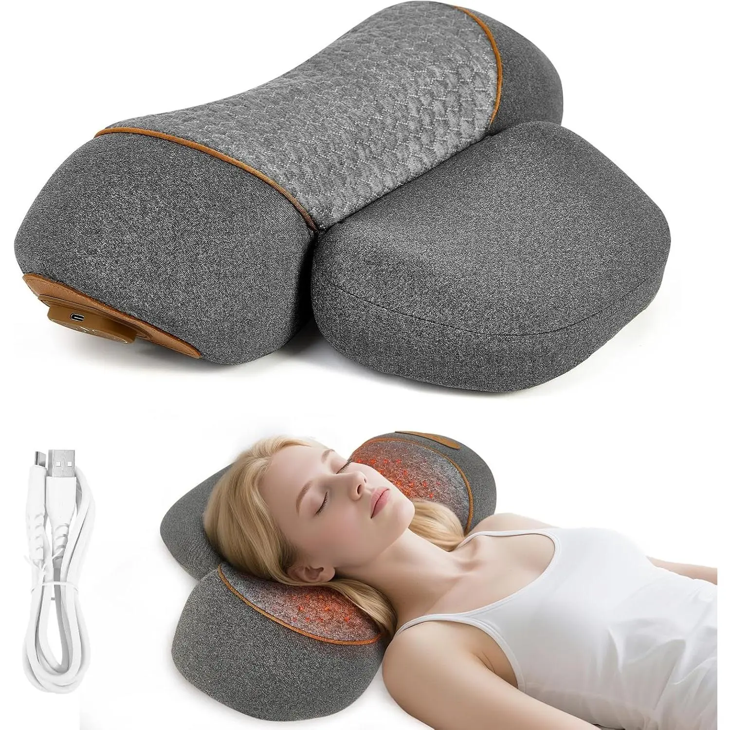 3-in-1 Neck Massager Pillow with Heating & Cervical Traction, Ergonomic Cervical Pillow for Neck Back Shoulder Pain Relief, Mother's Day Gifts (Gray)