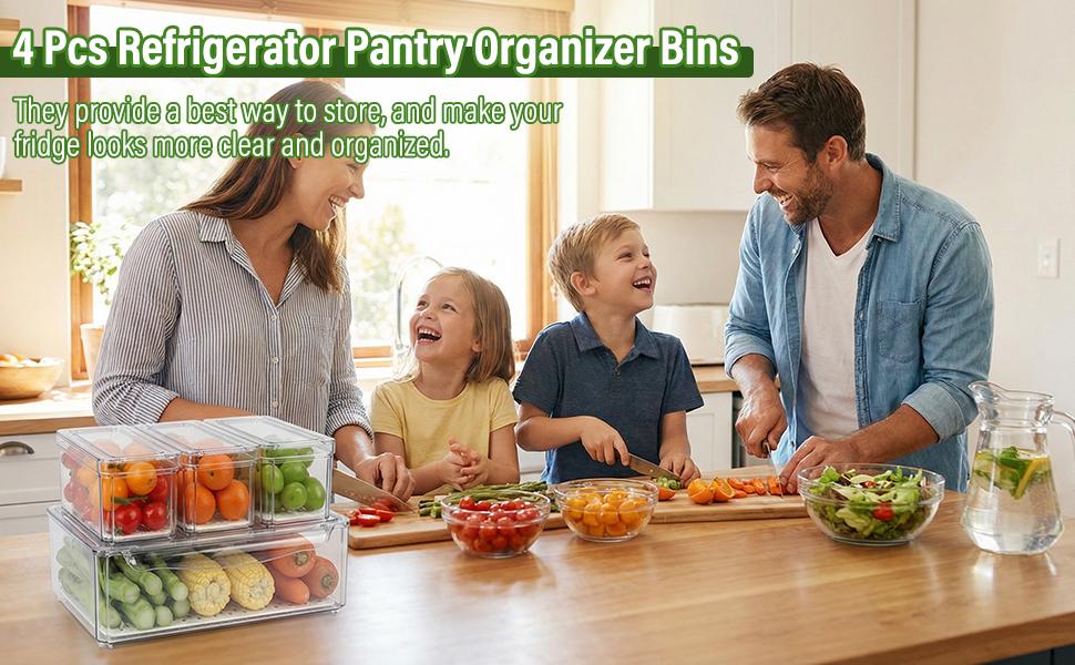 4 Pack Fridge Organizer, Stackable Refrigerator Organizer Bins with Lids, BPA-Free Fridge Organizers and Storage Containers for Fruit, Vegetable, Food, Drinks, Cereals, Clear