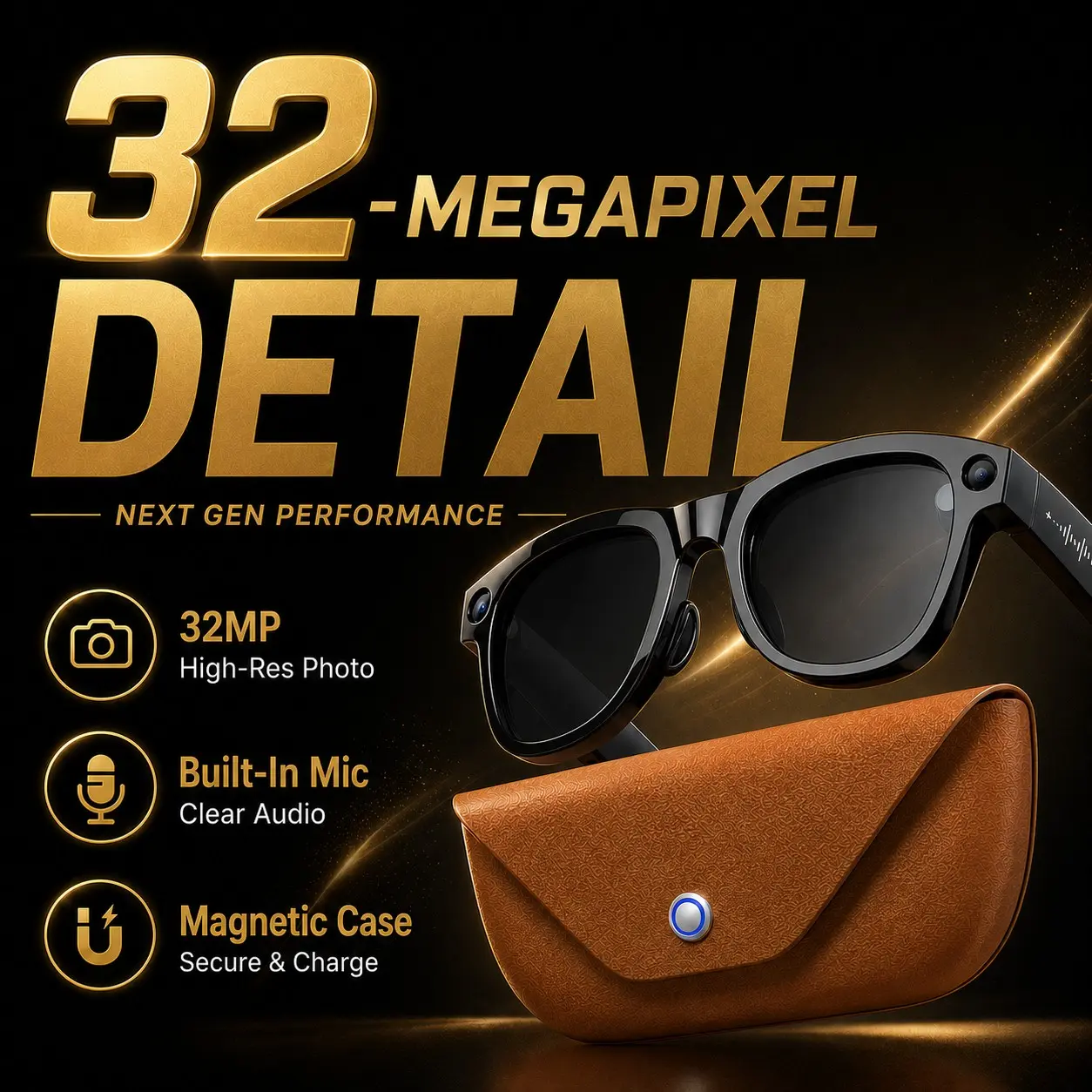 Wearable Audio Smart Eyewear with 32MP Ultra Clear Photo, Dual Matching Lenses, Real-Time Language Translation, Voice Assistant & Leather Charging Case, Wi-Fi 4 Connection, Multifunctional Smart Glasses